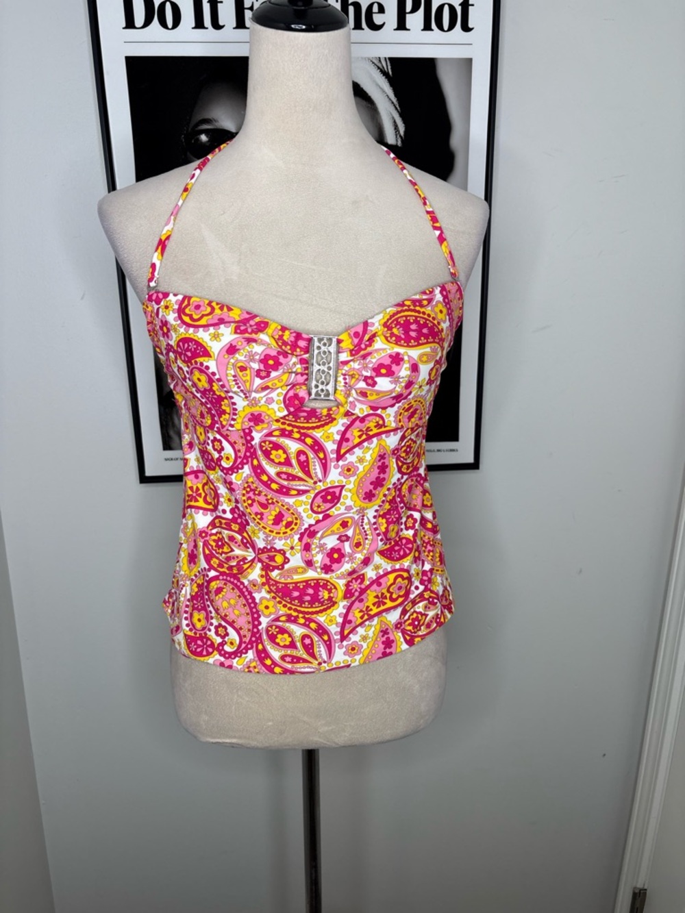 Pink Paisley Halter Tank Top with Embellished Front